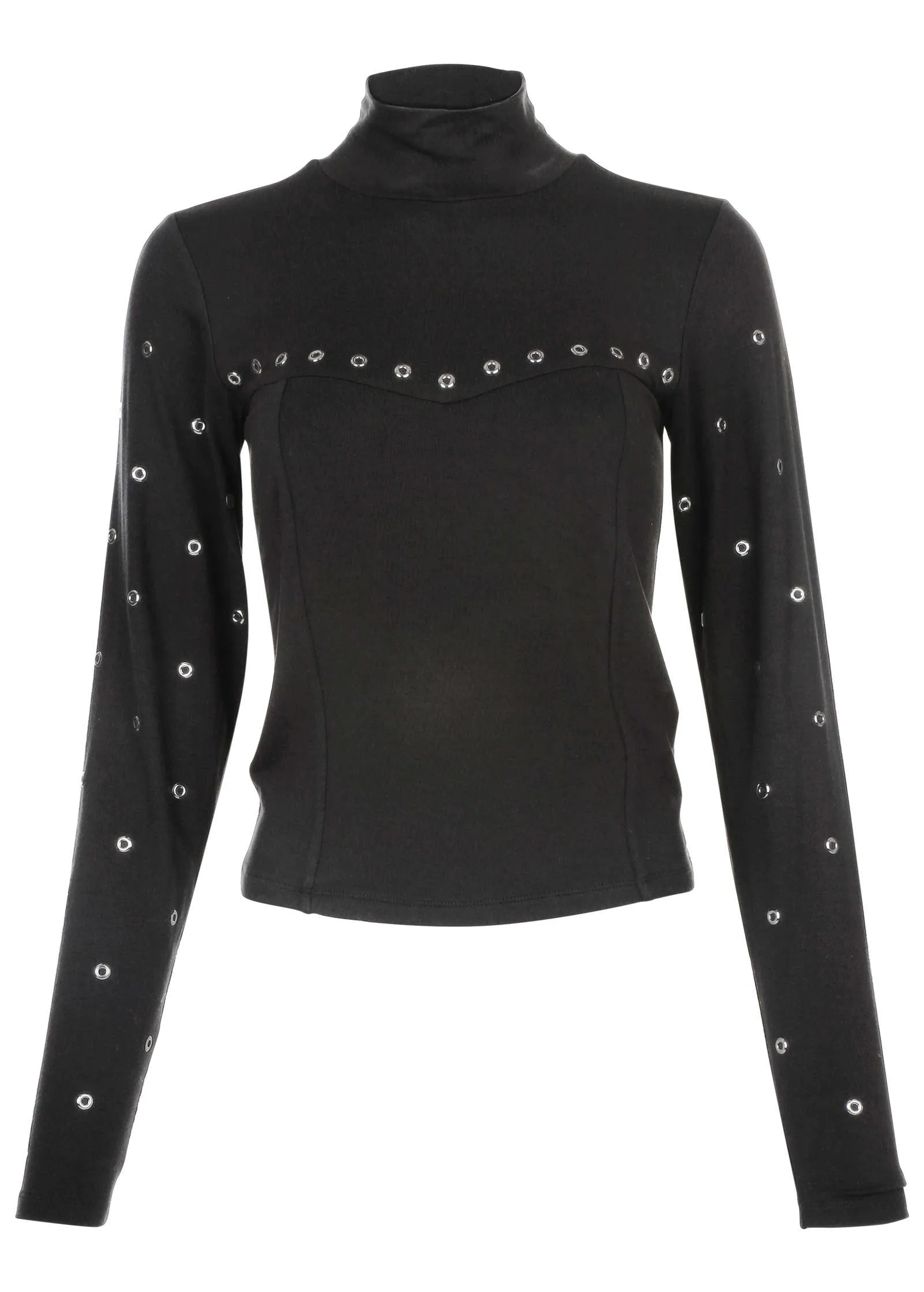 Grommet Mock Neck Top - Black