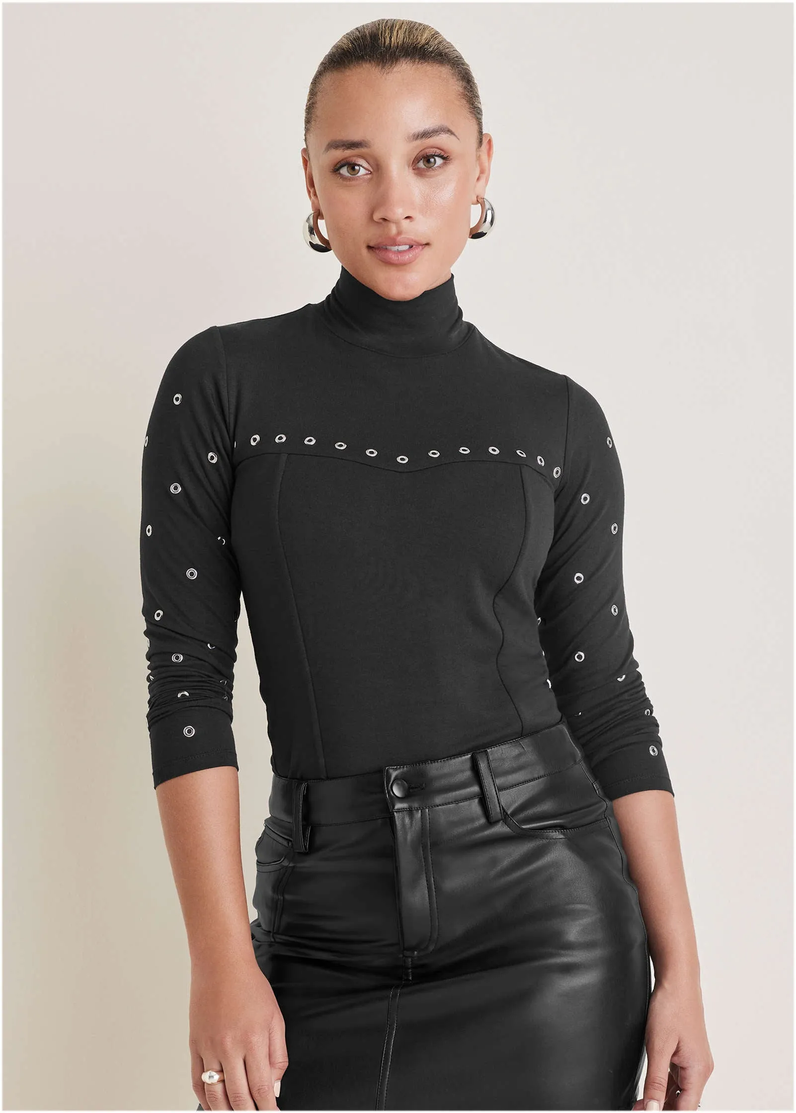 Grommet Mock Neck Top - Black