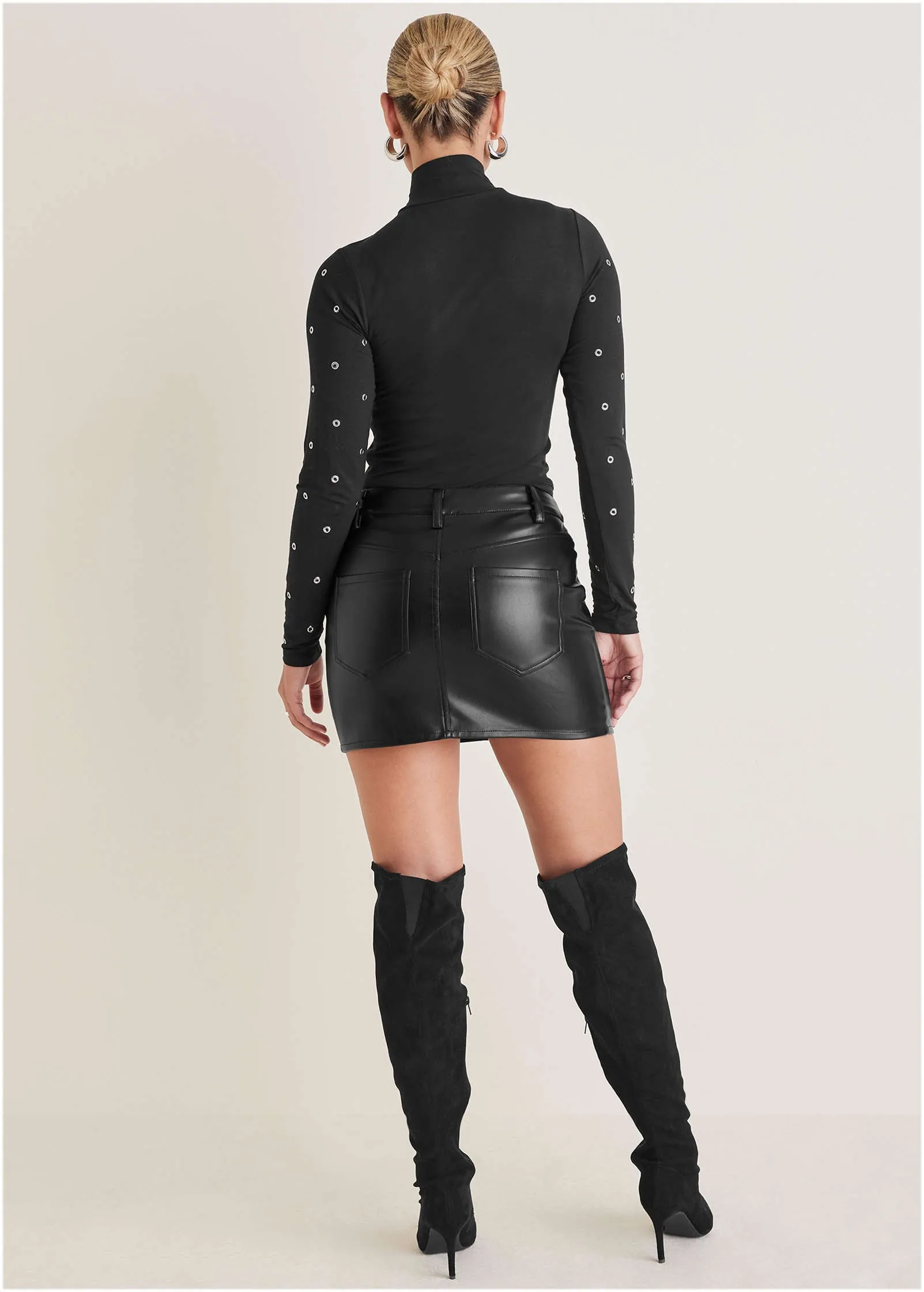 Grommet Mock Neck Top - Black