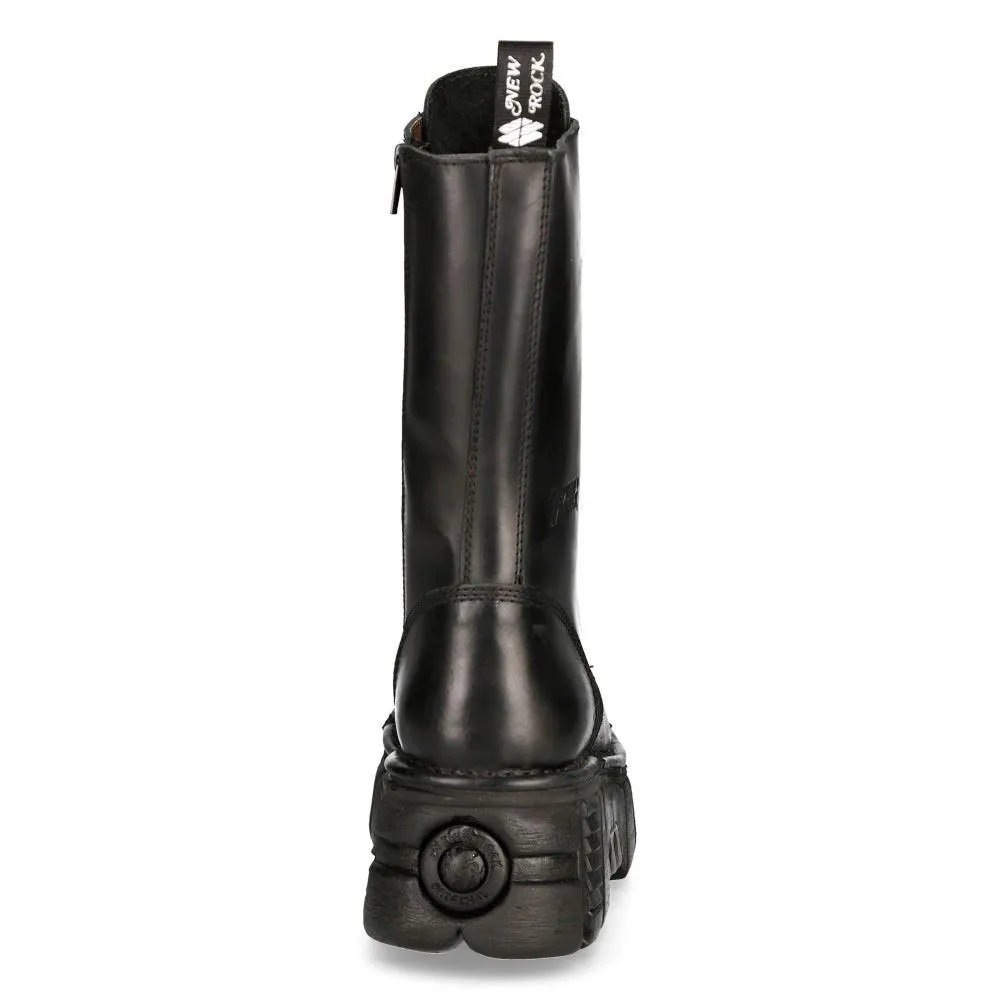 New RockM-MILI211C-C1 Unisex Metallic Black 100% Leather Techno Biker Boots